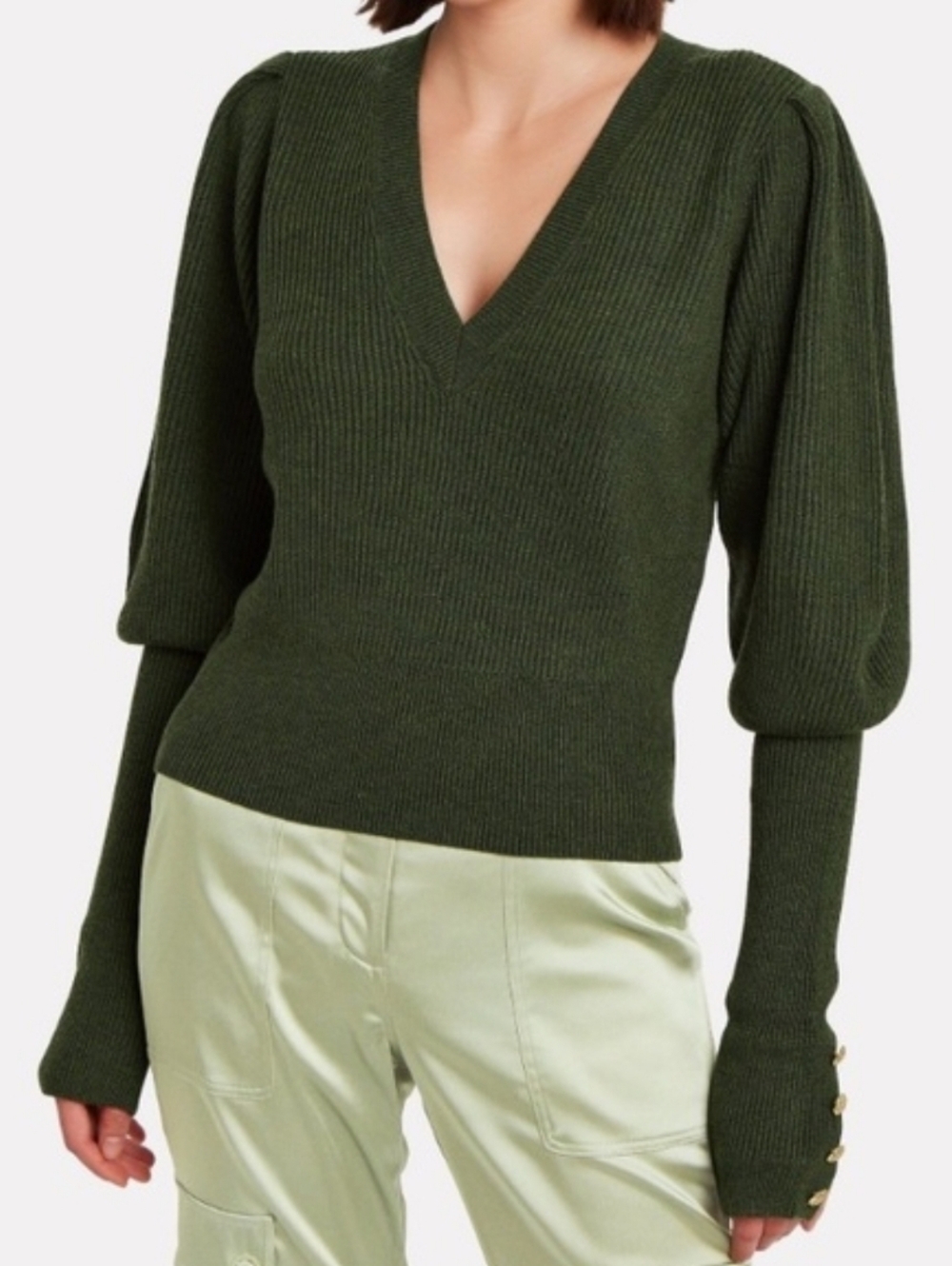 Veronica Beard Green Merino Wool Sweater Esme Puff Sleeve Womens Small - Picture 2 of 8